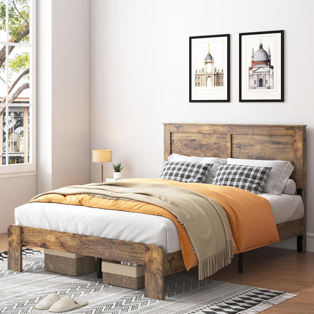 Wood Queen Bed Frame with Headboard, Rustic Farmhouse Platform Bed Frame with 12 Wood Slats Support, No Box Spring
