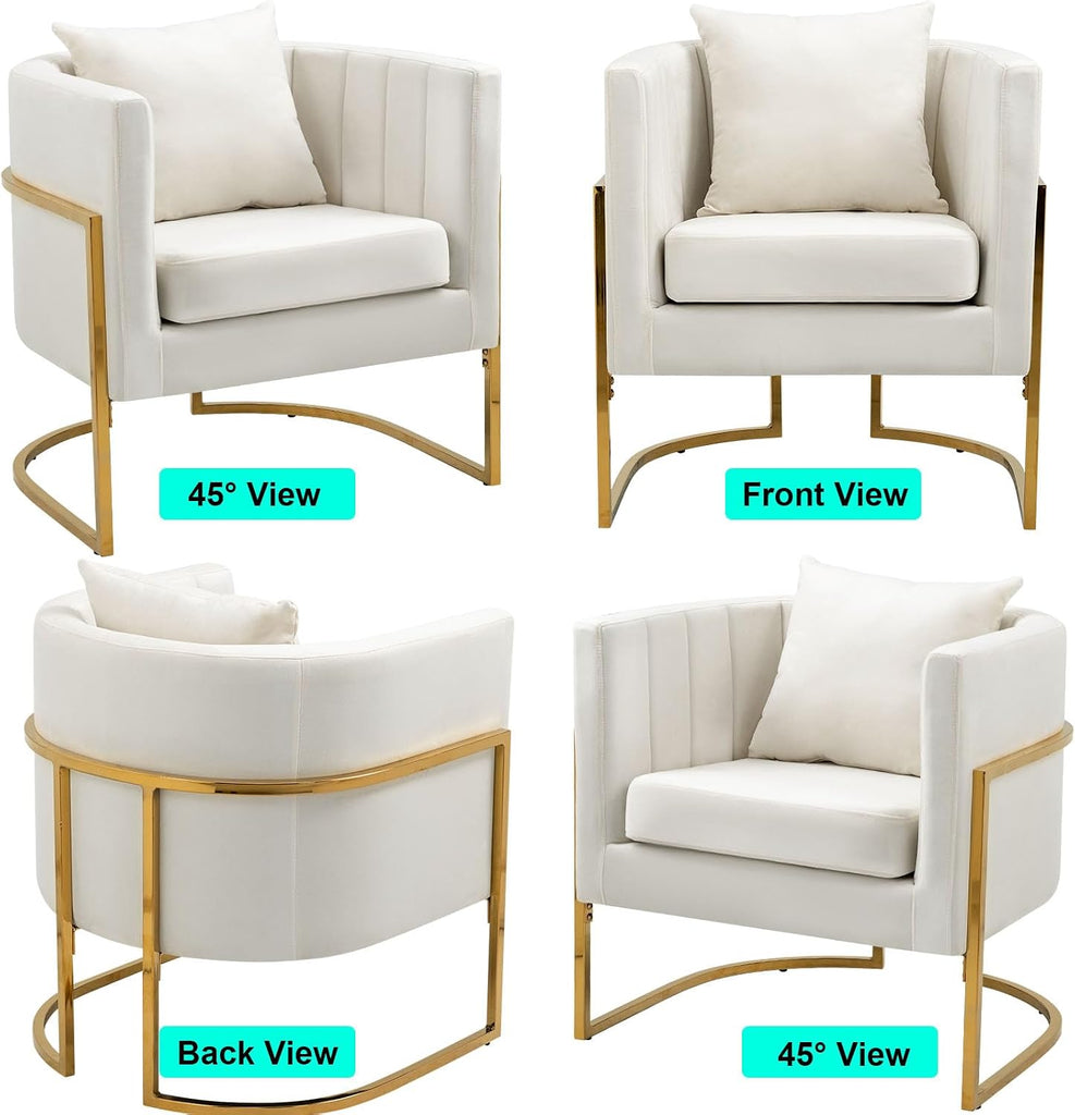 Velvet Accent Chair, Modern Barrel Arm Chair /Bedroom/Guest Reception, Upholstered Club Armchair with Pillow & Gold