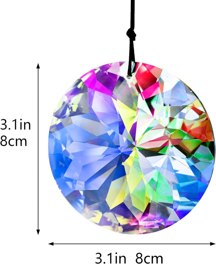 3 Inch Round Crystal Prism Suncatcher, AB Color Rainbow Maker - Faceted Crystal Pendant, Window Hanging Ornament