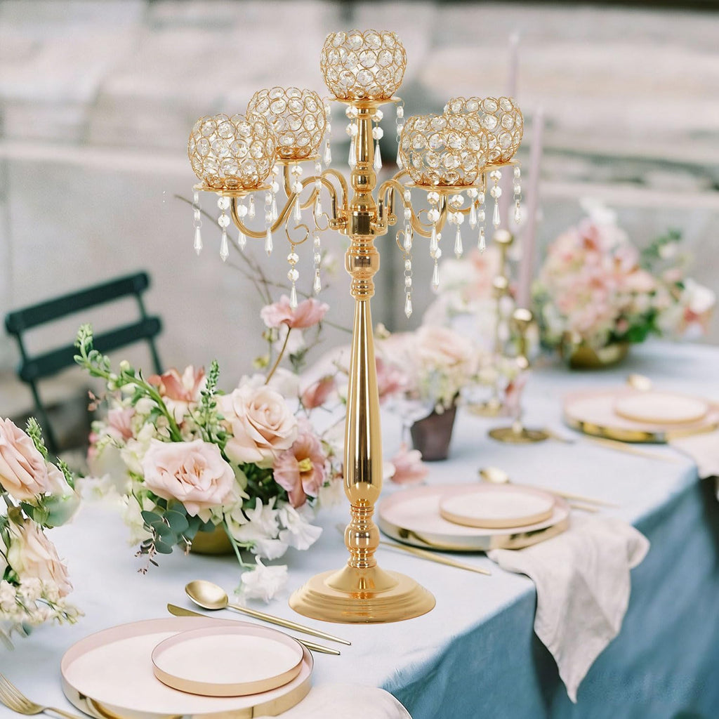 2Sets 5 Arm Gold Crystal Candelabra Centerpieces for Table,29.5 Inch Tall Metal Candlestick Holdersrty Table Decoration