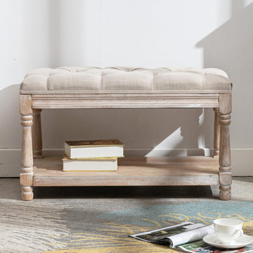 Farmhouse Storage Bench Wooden Entryway Linen Upholstered Ottoman Button Tufted Bench End of Bed Hallway Organizer