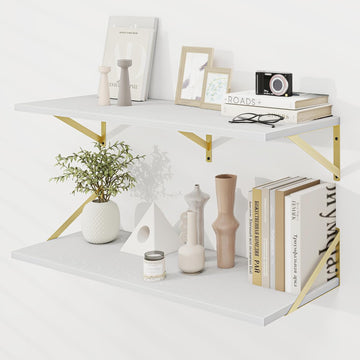 Wall Mounted Floating Shelves Set of 2, 36x12, White&Gold | Engineered Wood, Visible Bracket, Large Storage, Hold Up