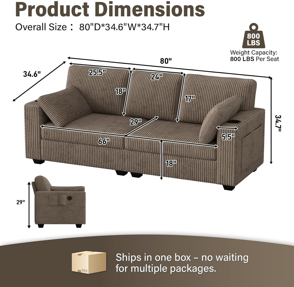 80" Loveseat Sofa ,Modern Sofa with USB Charging Ports & Cup Holders,Comfy Corduroy Couch with Upholstered Cushion,3