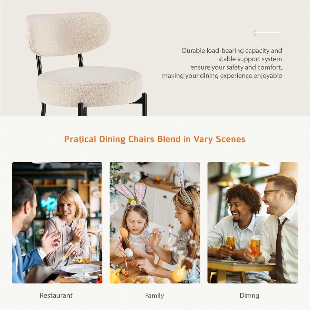 Dining Chairs Set of 2, Mid Century Modern Boucle Upholstered Kitchen Chair with Curved Backrest & Metal Legs for Home/Living Room/Bedroom/Office-White