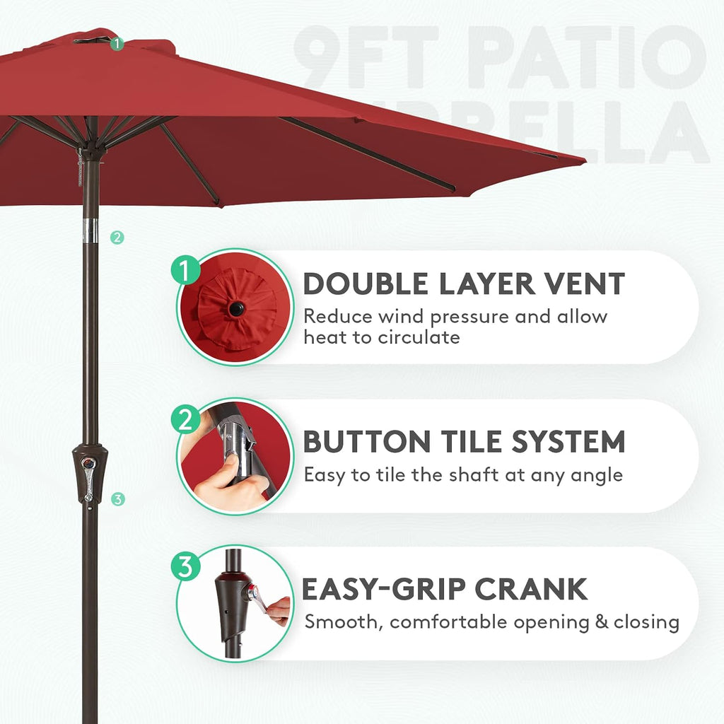 9FT Outdoor Patio Umbrella Outdoor Table Umbrella with Push Button Tilt and Crank - Red