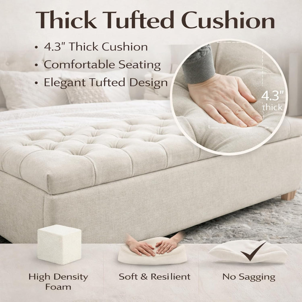 60.2" Storage Bench, End of Bed Storage Benches, Chenille Fabric Upholstered Ottoman Bench with Safety Hinge Entryway