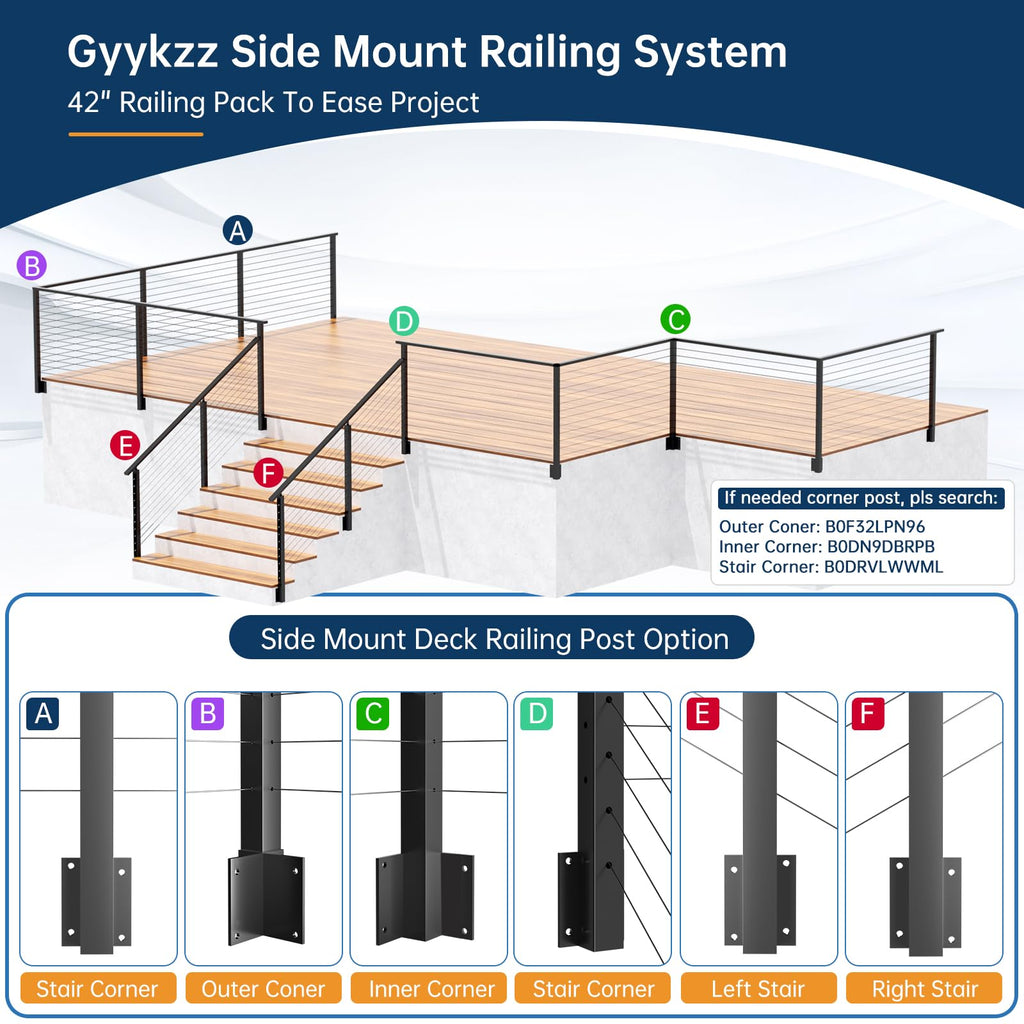 3 Pack Side Mount Cable Railing Post for 42" Railing System (Post Body 48"), Level Drilled Space-Saving Fascia Mount