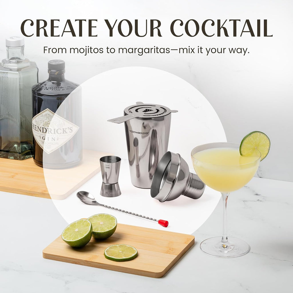Cocktail Shaker Set - Bartender Kit with Pine Stand | Leak-Proof Design | Includes Martini Shaker, Jigger, Strainer