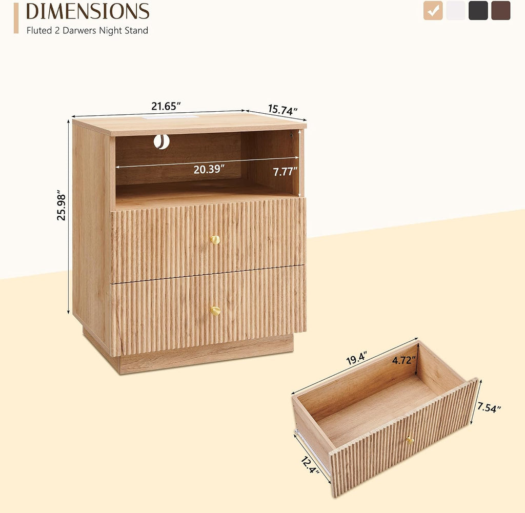 Fluted Night Stand with Charging Station, 21.65" Wide 2 Drawers Nightstand with & Open Shelf and Golden Metal Handle