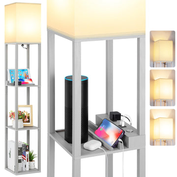 LED Shelf Floor Lamp, Modern Touch Control Dimmable Standing Lamp with 2 USB Ports and 1 Power Outlet, Corner Tall