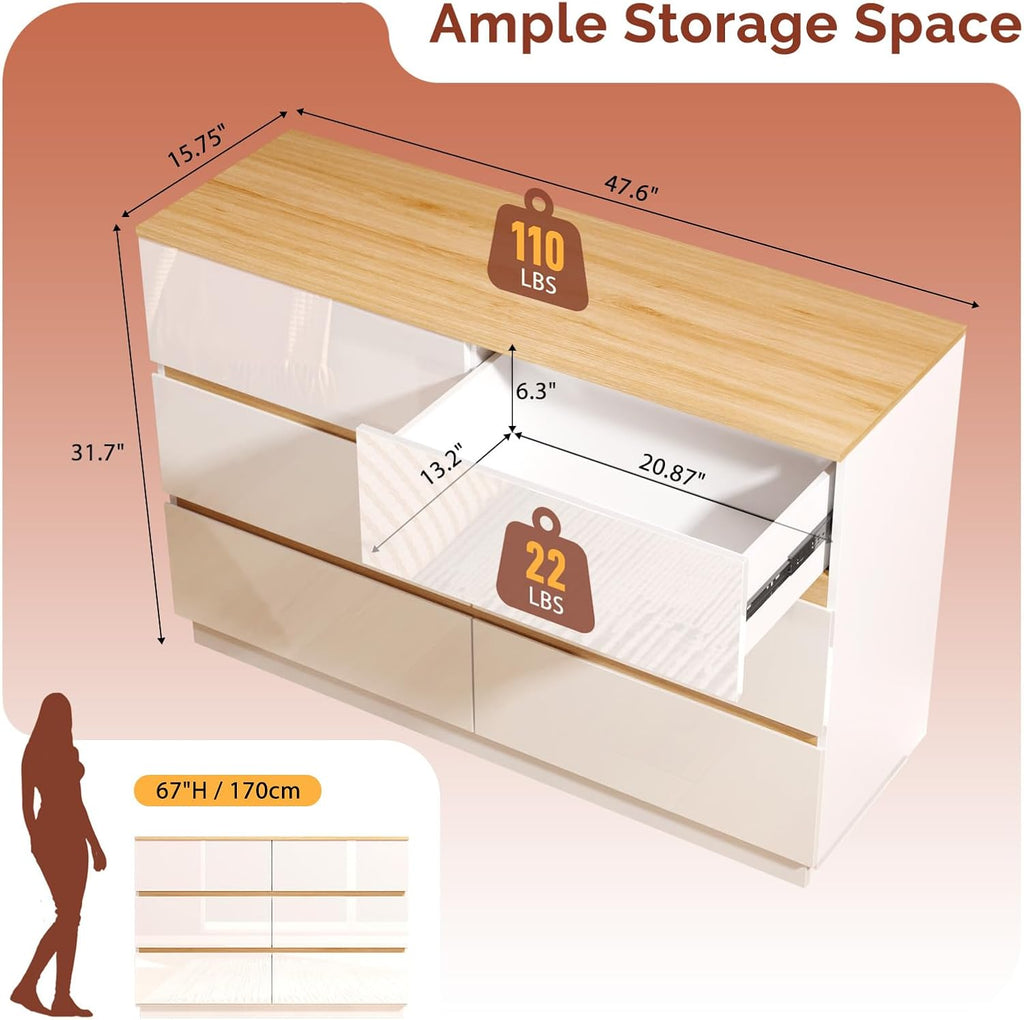 White Dresser High Gloss Chest of Drawers, 6 Drawer Dresser , Modern Dressers Wood, Brown Top, 47.2" W x 15.75" D x