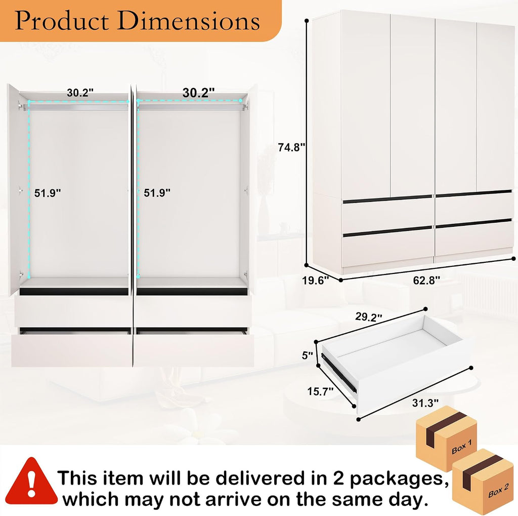 Armoire Wardrobe Closet with Drawers:75" Large White Wardrobe Closet Cabinet with 4 Doors for Hanging Clothes, Modern