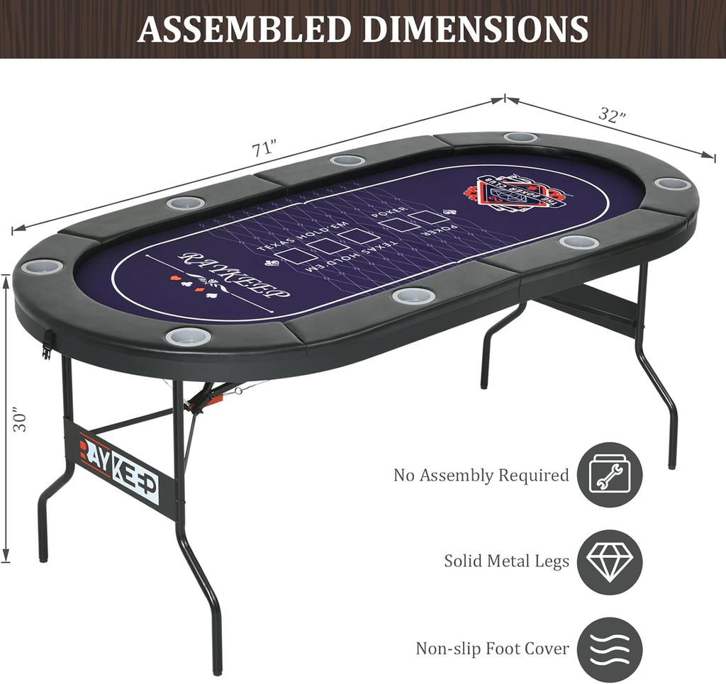 71 Inch Poker Table Foldable, 8 Player Folding Poker Tables w/Collapsible Legs, Casino Grade Felt, Padded Rails and Cup Holders, Portable Poker Table for Texas Holdem Poker and Blackjack