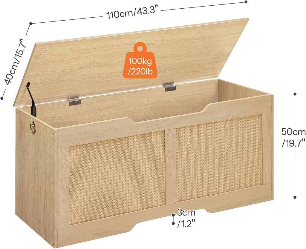 Storage Bench, 43.3" Toy Box, Rattan-Like Storage Chest, Sturdy Entryway Bench Supports 220 lb, Toy Chest, Safety