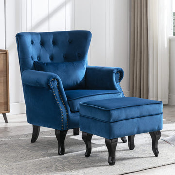 Mid Century Modern Accent Chair Upholstered Armchair Comfy Velvet Tufted Wingback Single Sofa with Ottoman Living