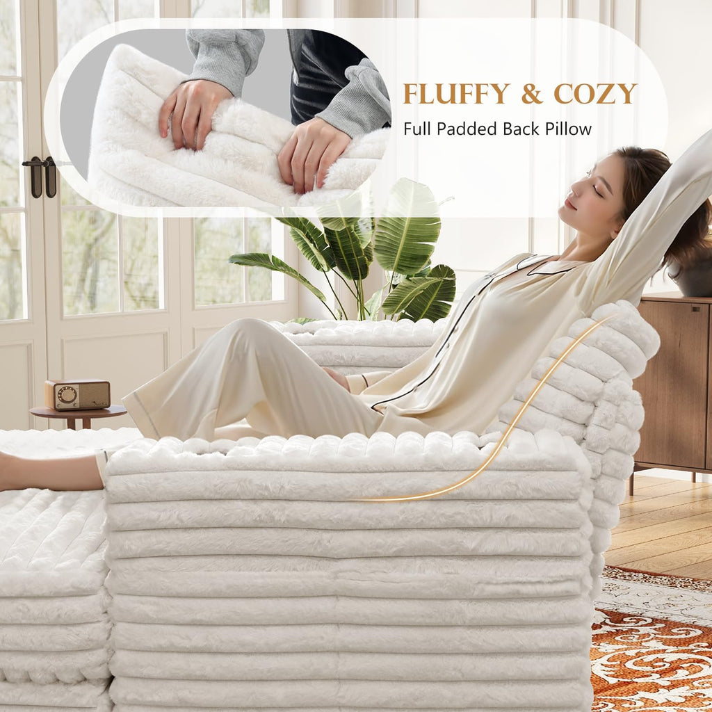60" Oversized Chaise Lounge Chair with Wood Frame, Beige | Upgraded Fluffy Plush Faux Fur Sleeper Couch Lazy Chair