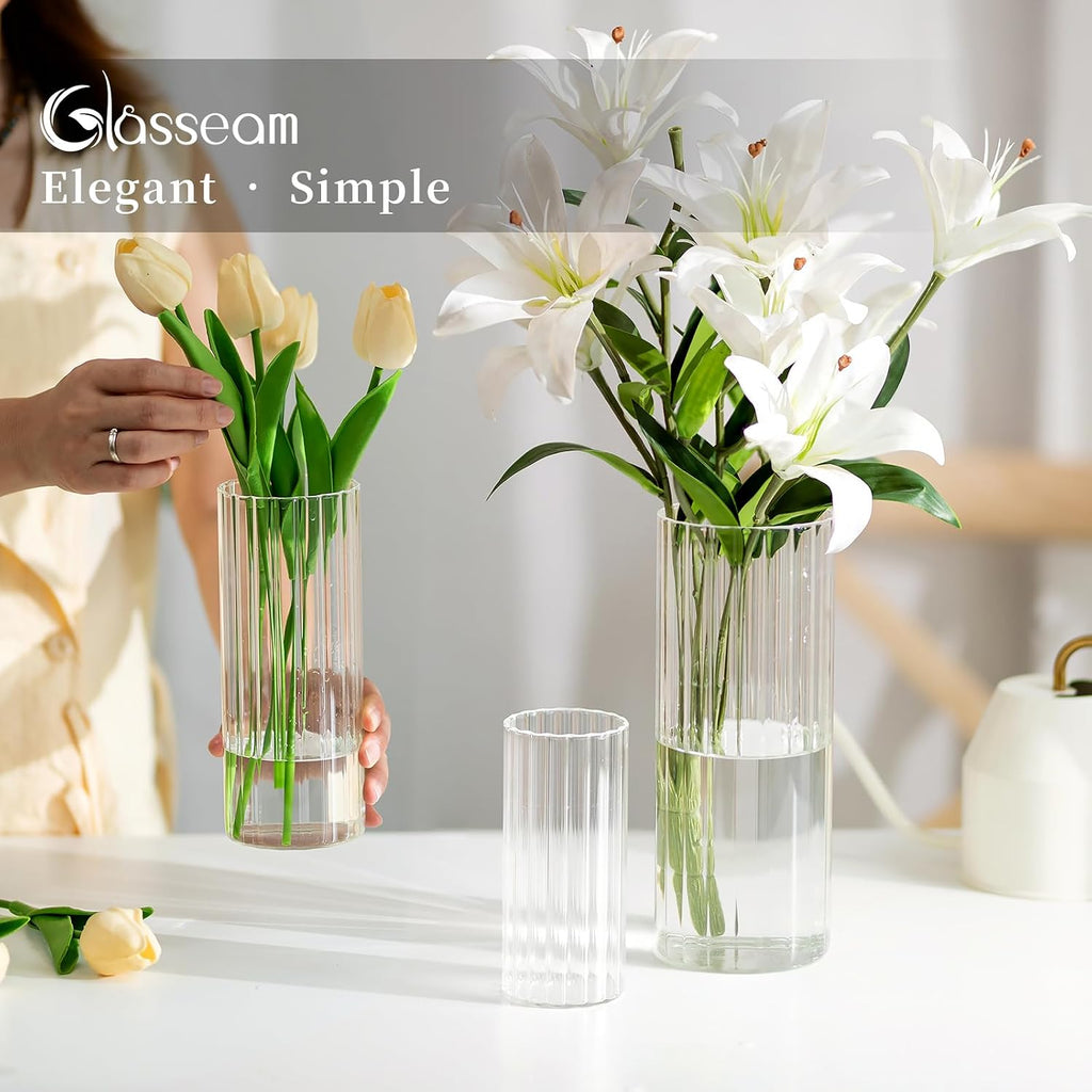 Ribbed Glass Candle Holder, Cylinder Candle Holders for Pillar Candles, Clear Hurricane Candle Holder Set of 6