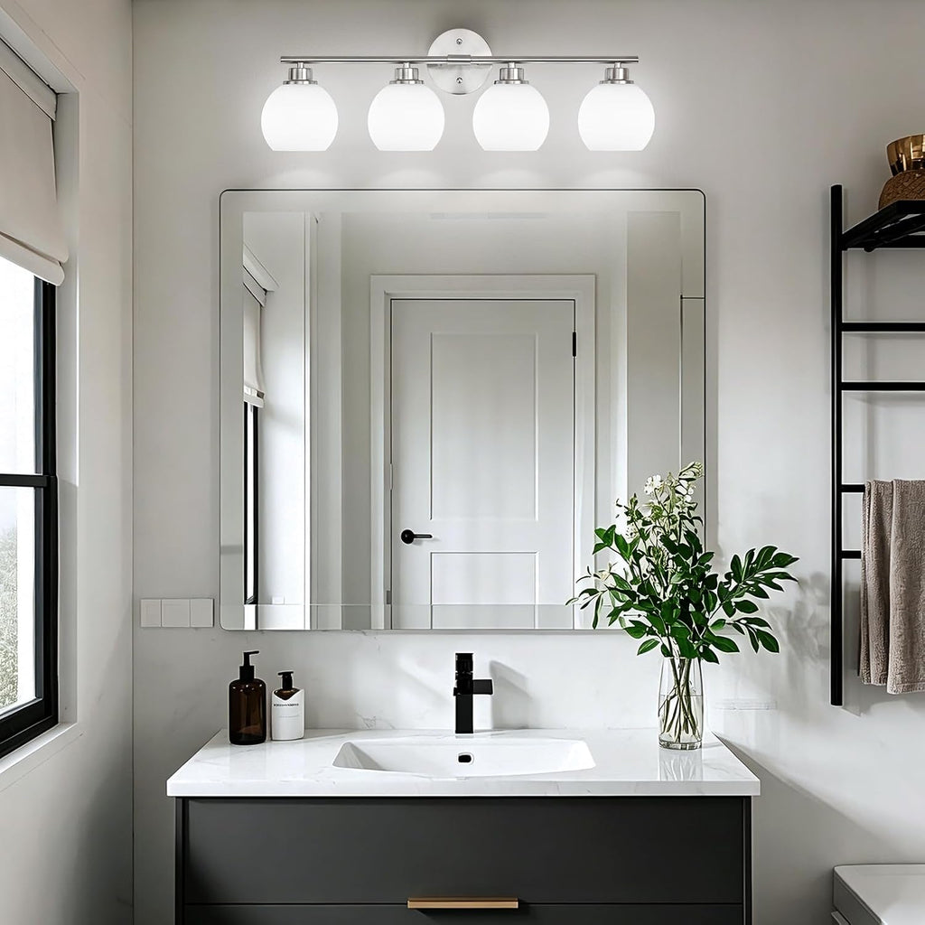 Brushed Nickel Bathroom Light Fixtures, 4-Light Vanity Light Over Mirror | Modern Bathroom Lighting Over Mirror, Wall