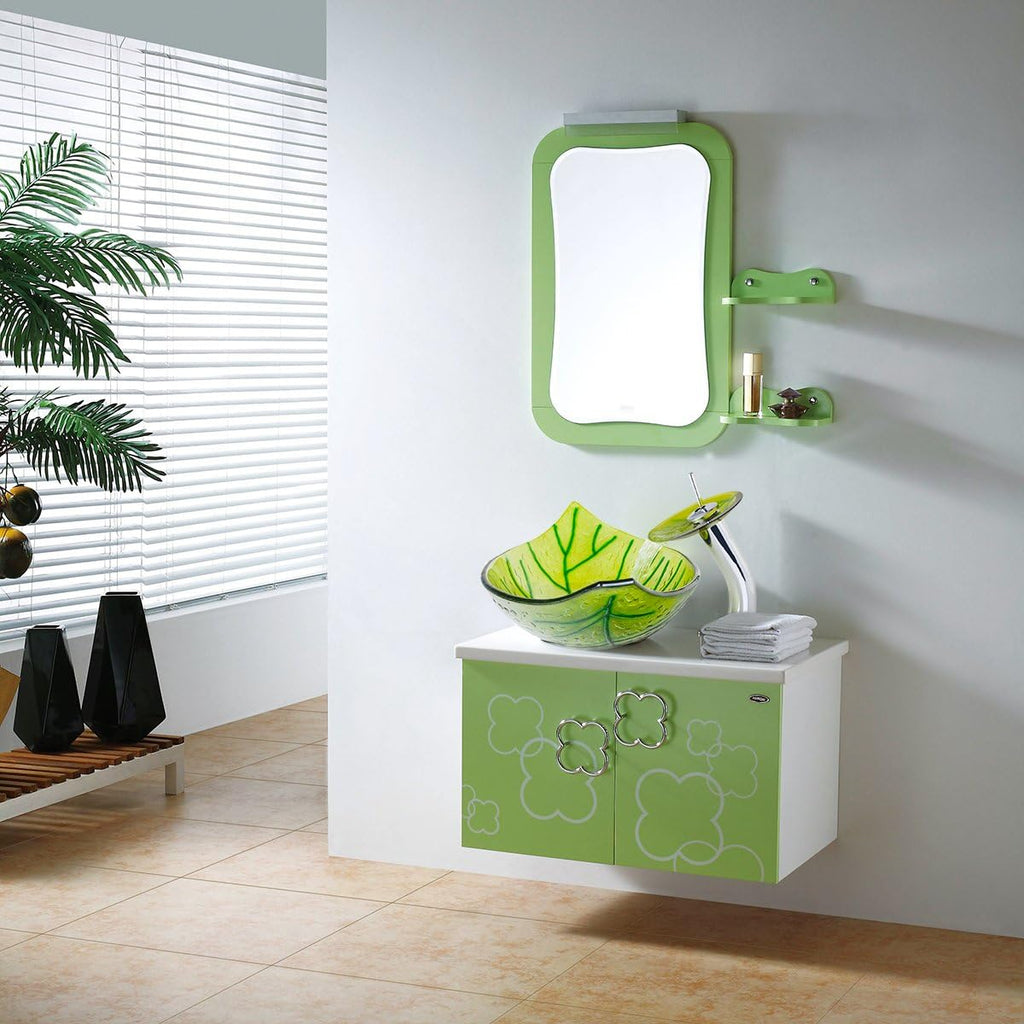 Vessel Sink Leaf Shape Tempered Glass Washing Basin Bowl Waterfall Chrome Faucet Mixer Tap Pop Up Drain Deck Mounted Set