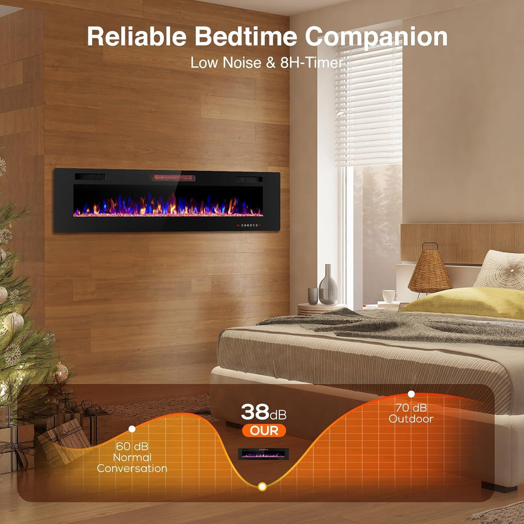 42" Electric Fireplace with Remote Ultra-Thin & Quiet Wall-Mounted Recessed Heater, Adjustable 12-Color Flame