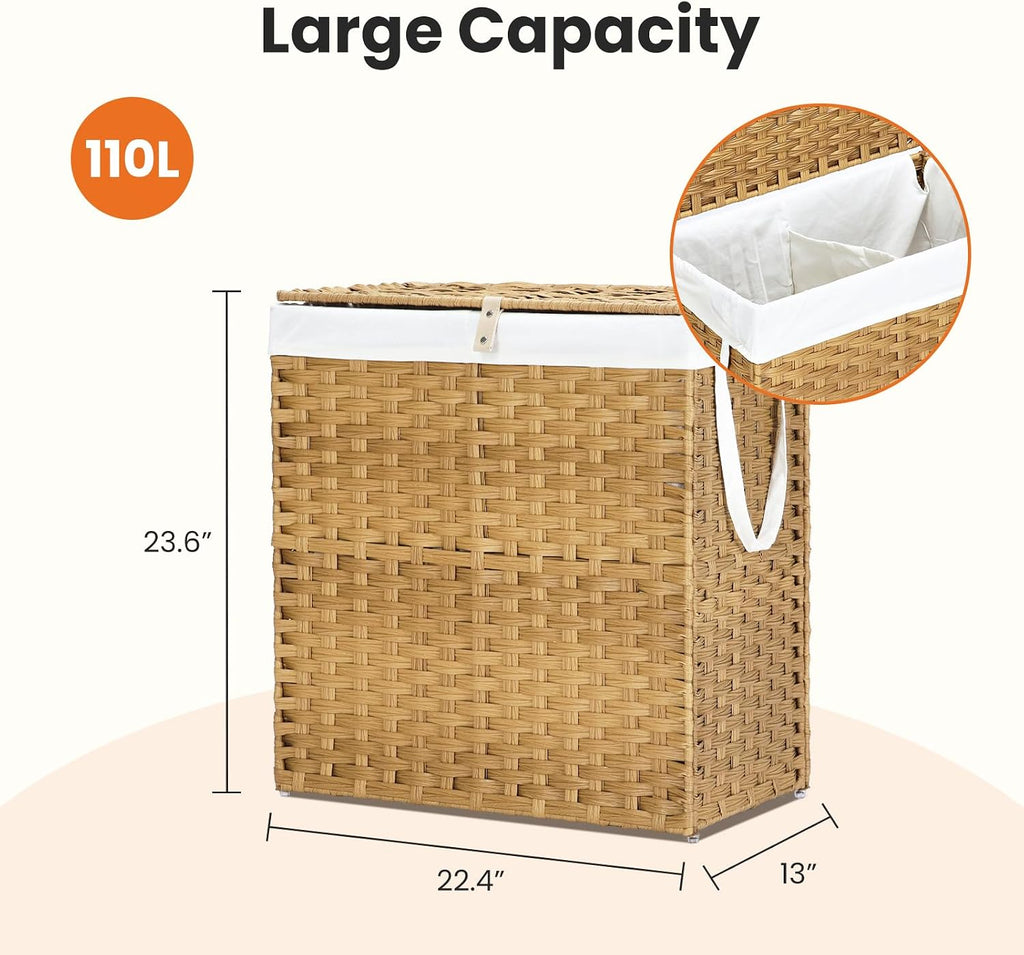 Wicker Laundry Basket with Lid, 110L Woven Laundry Hamper with Handles, Foldable Rattan Clothes Hamper with Removable
