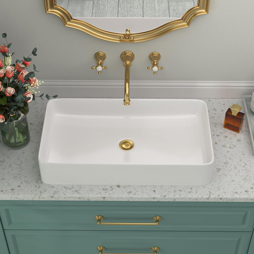 Rectangular Bathroom Vessel Sink 24 Inch - 24"x14" White Ceramic Porcelain Above Counter Modern Art Sink