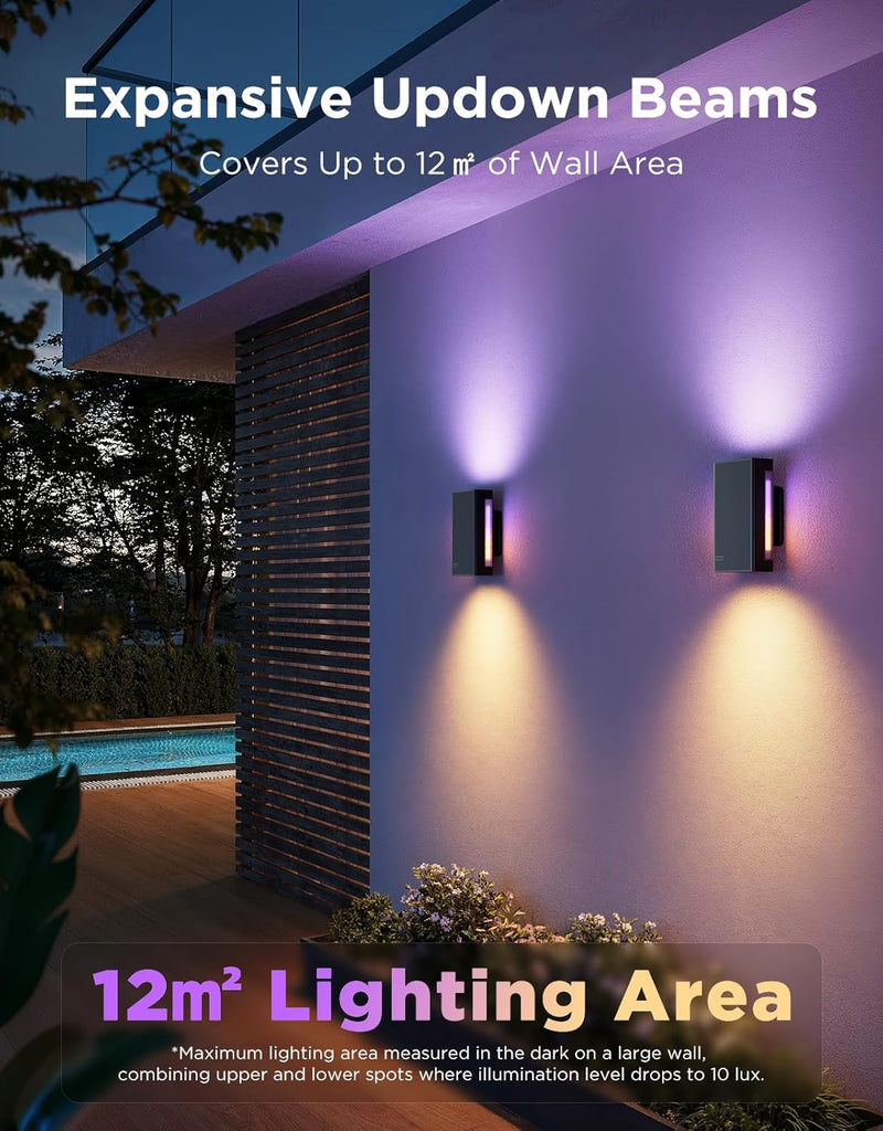 Outdoor UpDown Wall Light, 2 Pack, 1200LM RGBICWW Smart Porch Lights Outdoor with 64 Scene Modes