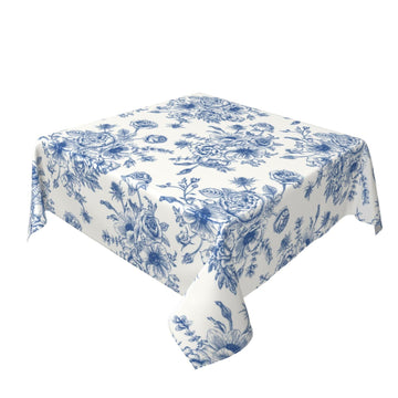Blue Floral Tablecloth Square 54 x 54 Inch Chinoiserie Flowers Table Cloth Polyester Fabric Vintage Spring Summer