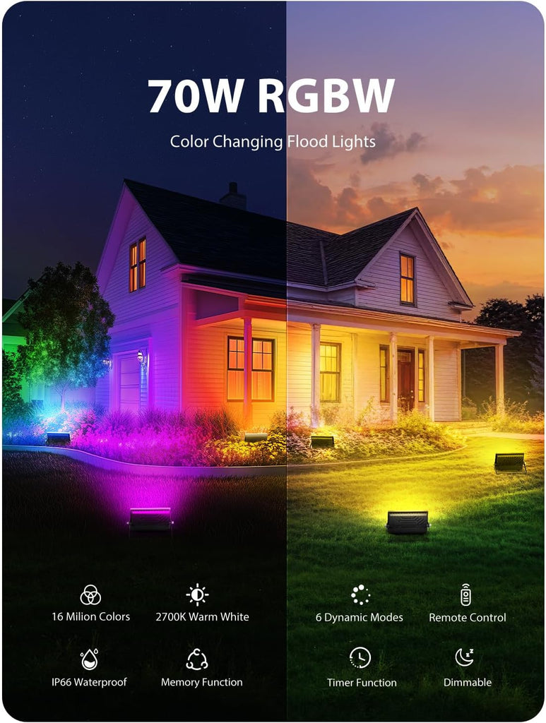 6 Pack RGB LED Flood Light Outdoor, 70W Color Changing Uplights with Remote, 2700K Warm White IP66 Stage Lighting