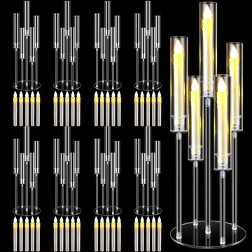 8 Sets 5 Arm Acrylic Candelabra Holder Floor Clear Candle Centerpieces with LED Candles and Shade for Proposal