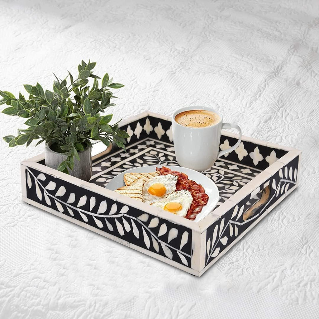 Alhambra Bone Inlay Decorative Tray, Coffee Table & Ottoman Serving Tray, Black White Vanity Countertop Organizer