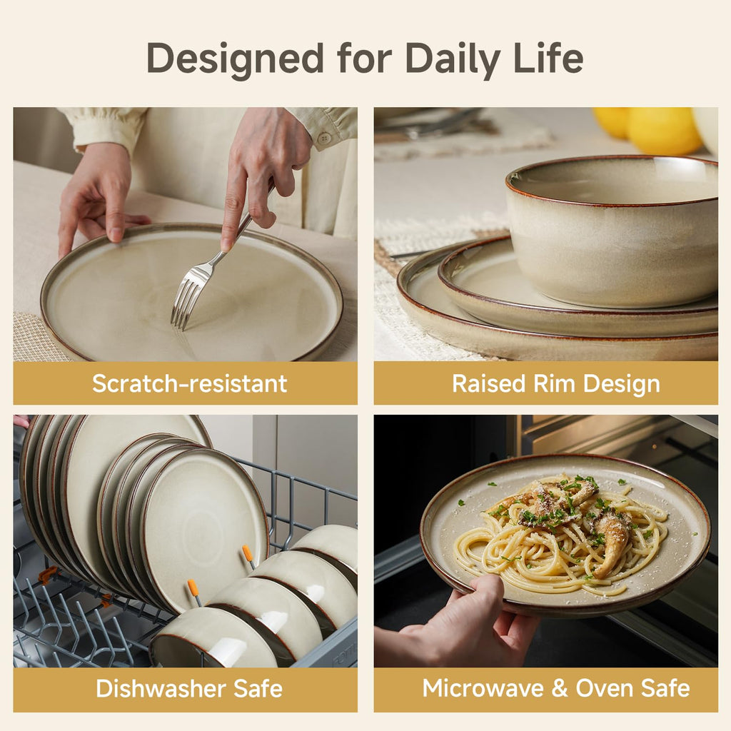 Stoneware Dinnerware Sets for 6, Reactive Glaze, Beige