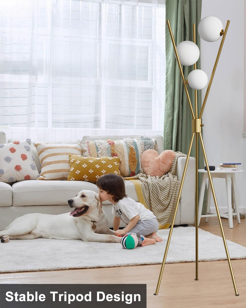 Tripod Floor Lamp Stepless Dimmable Globe Modern Floor Lamp Gold Standing Lamps with Stable Base& 3PCS 3000K Bulbs