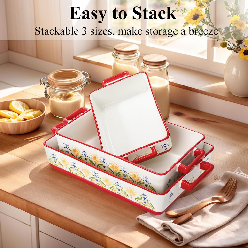 Set of 3 Ceramic Dishes, Rectangular Casserole Dish for Oven, Ceramic Bakeware Lasagna Pan Deep with Handles for