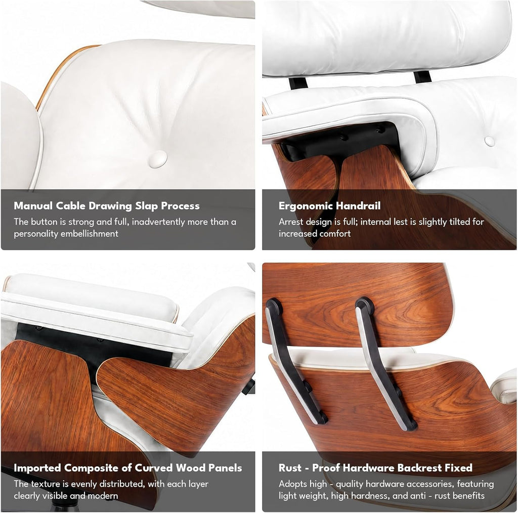 Modern Chaise Lounge Chair and Ottoman — White Leather