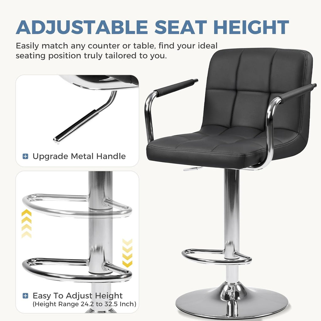 Swivel Bar Stools Set of 4, PU Leather Upholstered Bar Chairs with Back & Armrests, Adjustable Counter Height Stools