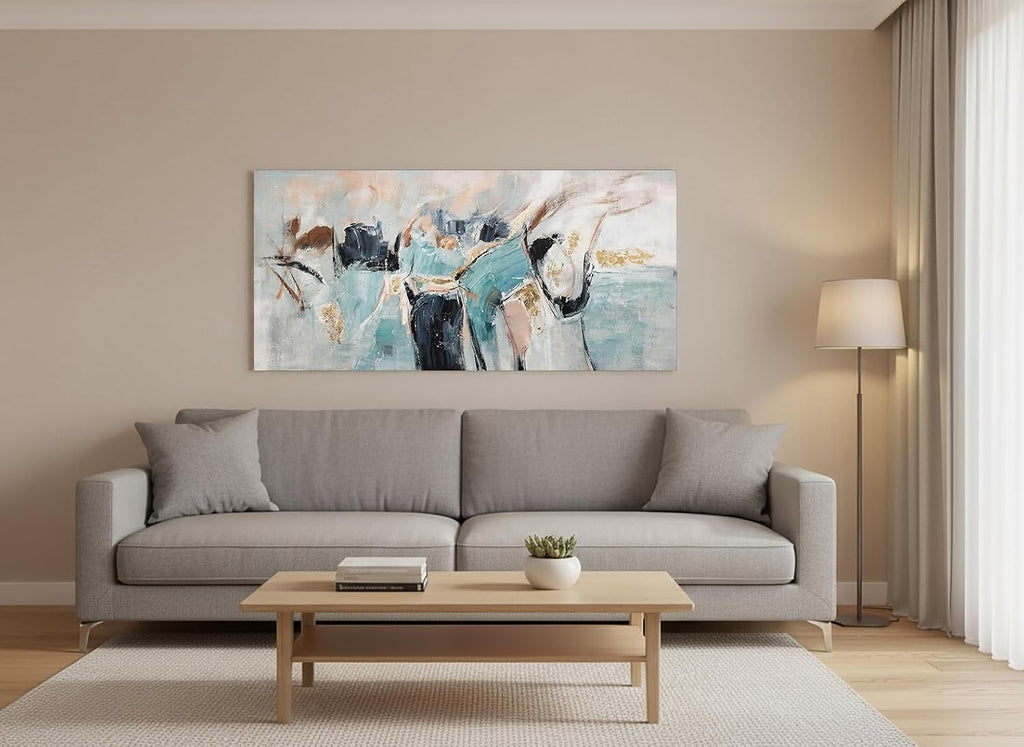 Large Framed Wall Art Abstract Canvas Print Teal Black Gold Artwork Modern Brushstroke Wall Decor Soft Neutral Shapes