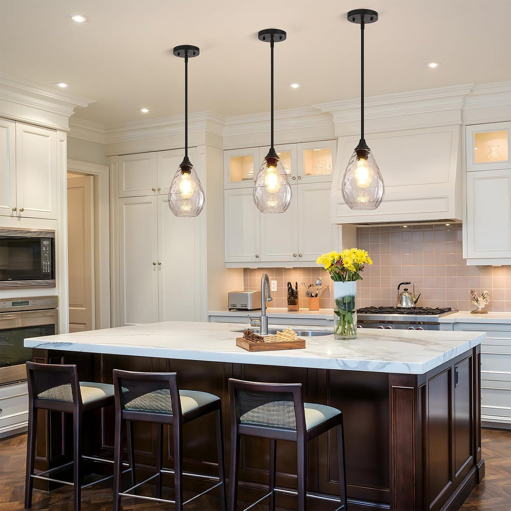Glass Pendant Lights Kitchen Island, 1-Light Modern Black Pendant Light Fixtures with Hammered Glass and Rods, Small