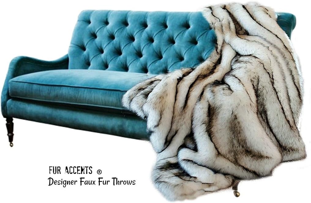 Arctic Fox Throw Blanket, White with Black Tips, Luxury Faux Fur, Bedspread, Comforter, Coverlet, Duvet, Luxury Fur