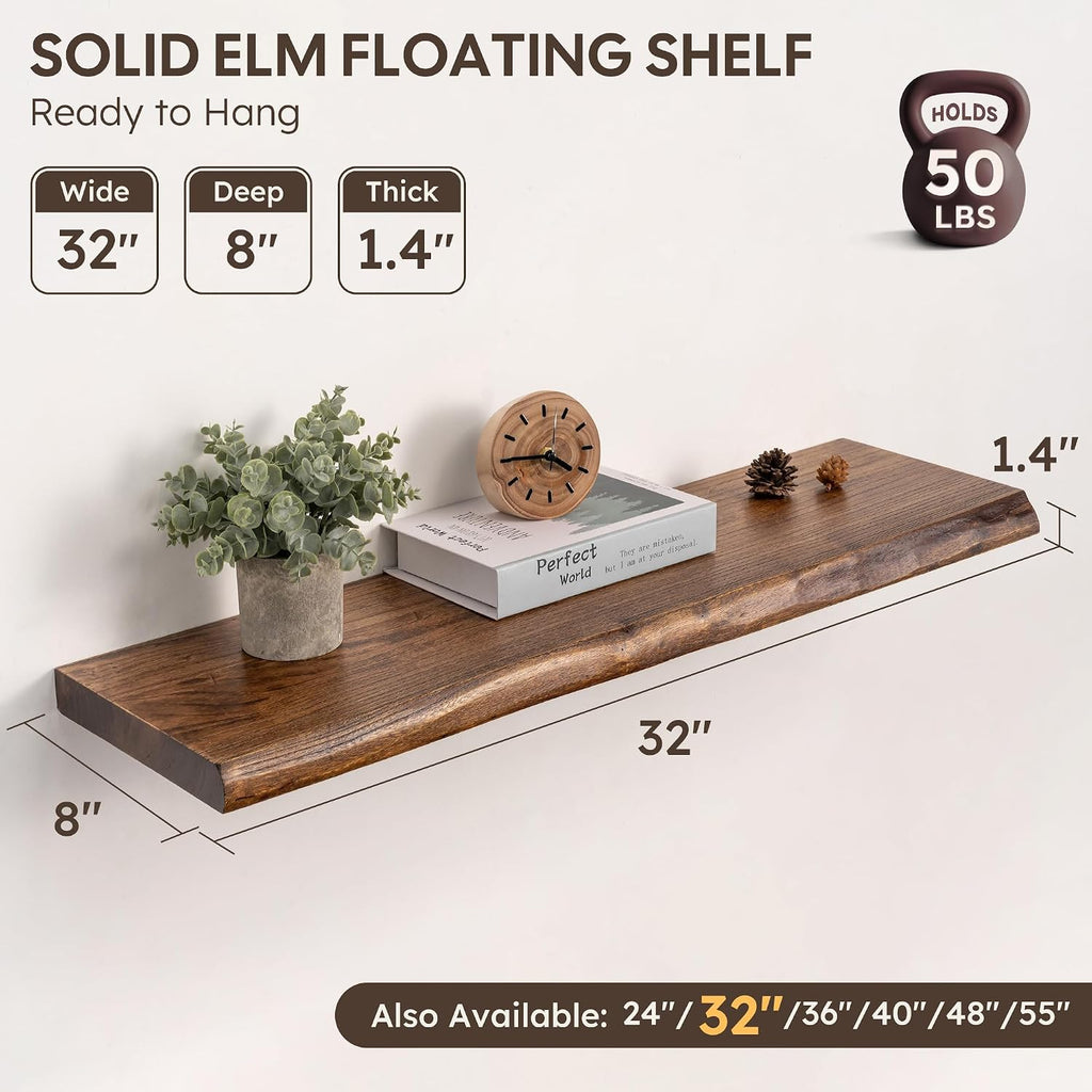 32 Inch Floating Wall Shelves Solid Elm Wood Set of 2 | Vintage Live Edge Wood Grain, Heavy Duty Hidden Brackets