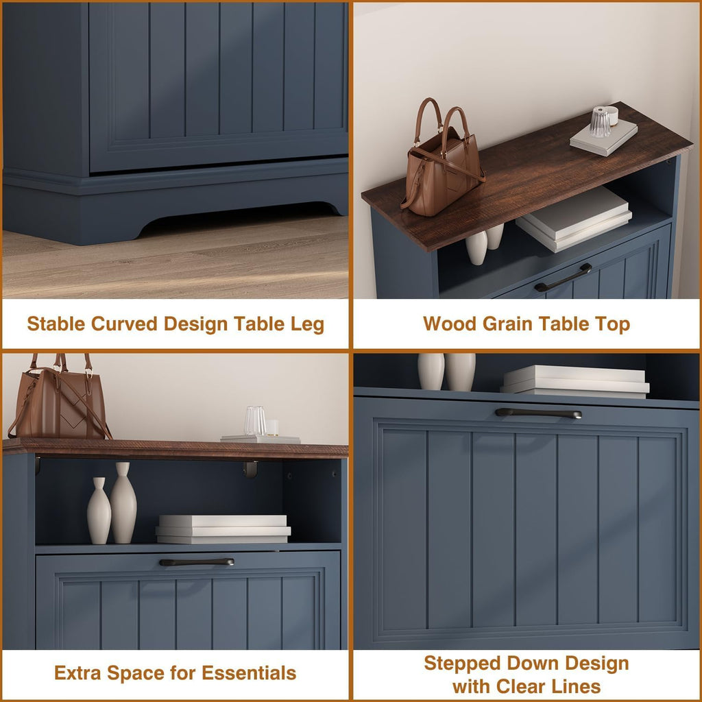 Shoe Storage Cabinet with 2 Flip Drawers, 24" W Farmhouse Modern Hidden Shoes Rack with Adjustable Shelves & Open
