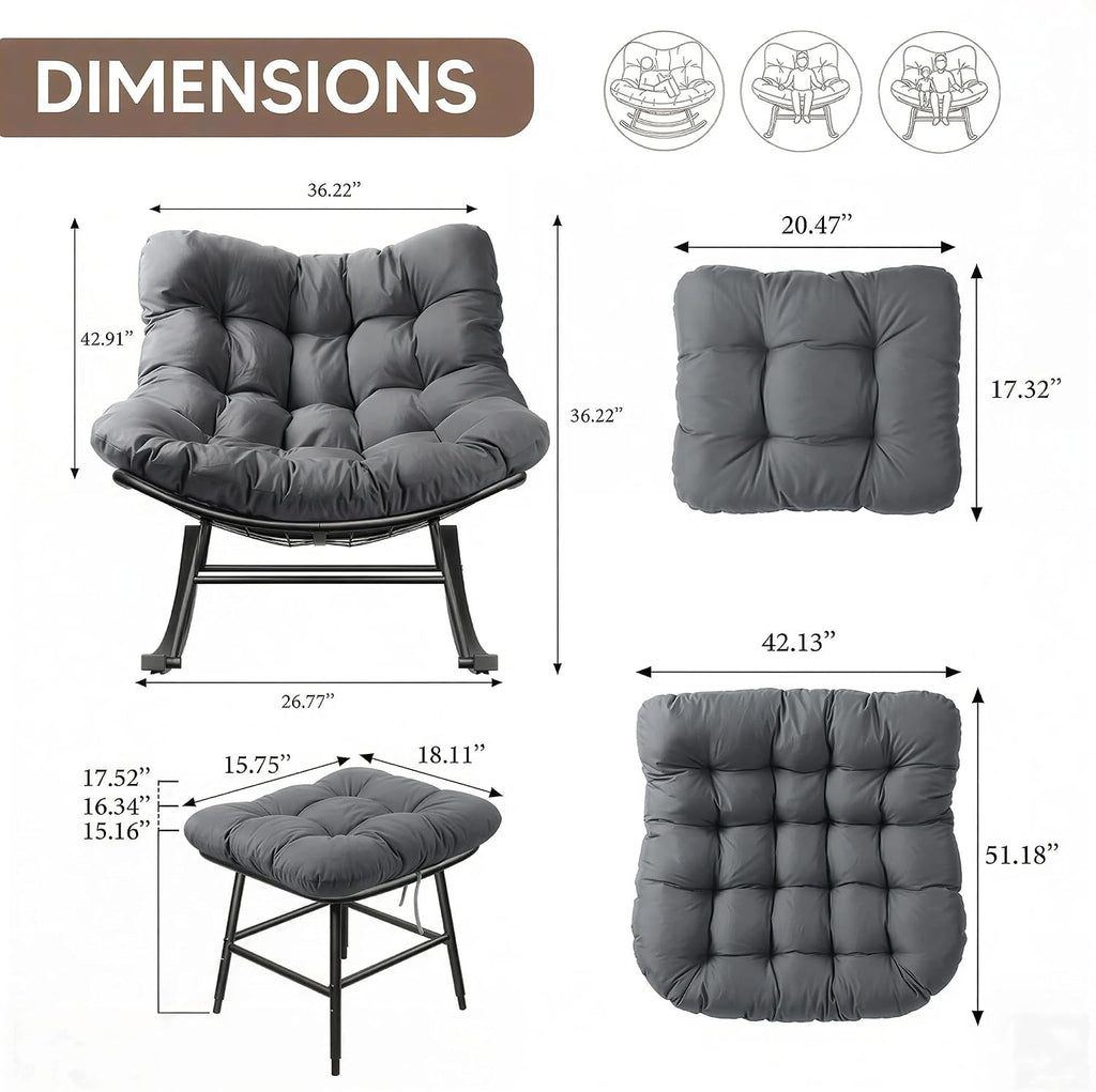 Oversized Rocking Papasan Chair with Ottoman and Cushion | Indoor Glider Chair with Thickened Cushion, Large Comfy