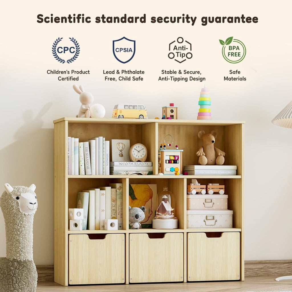 Solid Pine Wood Toy Storage Organizer, Kids Bookshelf and Toy Organizer with 3 Rolling Drawers, 5 Storage Cubes
