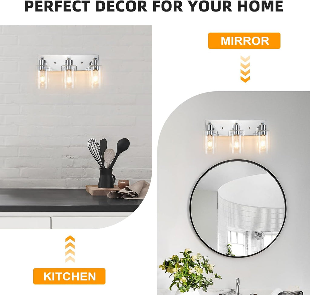 3 Lights Bathroom Light Fixtures Chrome Vanity Light with Clear Glass Shade 18in Modern Bathroom Lighting Fixtures