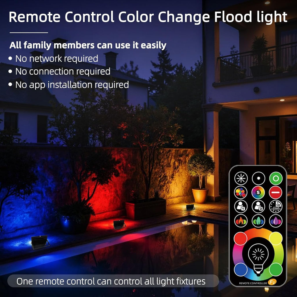 LED Flood Light Outdoor, 50W RGB Color Changing Floodlight with Remote Control, RGBW 120 Colors, 2700K, 5000 Lumens