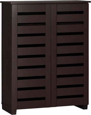 Slim Shoe Cabinet 2 Slatted Doors, 5-Tier Shelving Cupboard for 15 Pairs of Shoes, Narrow Entryway Storage Unit, Dark