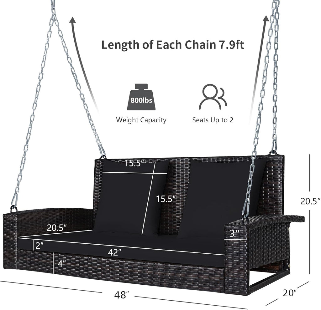 Hanging Porch Swing, 2-Person Outdoor Wicker Swing Chair Bench with Cushions, 7.9Ft Steel Chains for Garden