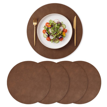 Brown Faux Leather Placemats Set of 4, 15 Inch Waterproof Wipeable Heat Resistant Vinyl Place Mats, Reversible Table