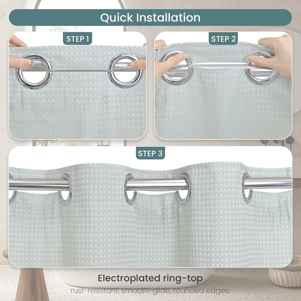 No Hook Shower Curtain Set with Snap-in Detachable Liner, 230 GSM Waffle Weave Fabric, Heavy Duty Water-Repellent