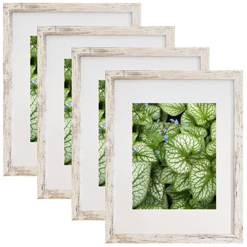 11x14 Frames Pack of 4, Display Pictures 8x10 with Mat or 11x14 Without Mat, Wall Mounting, Distressed White